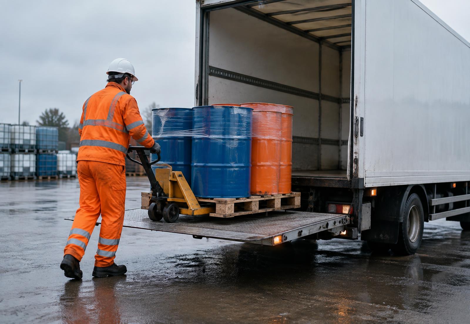 Waste technician loading sealed chemical drums onto a collection vehicle